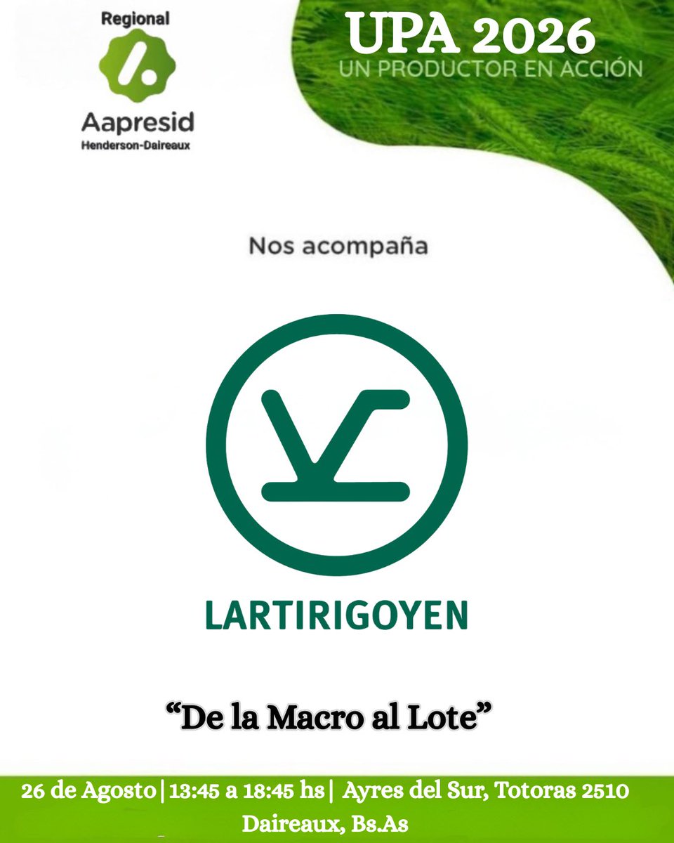 RegionalHD's tweet photo. Momento de presentar a los sponsors! Parte 1
#Lartirigoyen #AyresDelSur #Timac #Auge #Runco
*“De la Macro al Lote”*
📆 26 / 08 - 🕣 13:45
📍Ayres del Sur, Daireaux
https://t.co/rAi1SSeall
✍️Inscripcion: https://t.co/ckvwXjpQSD
Los esperamos ‼️ https://t.co/qxZHpYolfu
