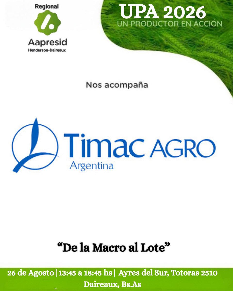 RegionalHD's tweet photo. Momento de presentar a los sponsors! Parte 1
#Lartirigoyen #AyresDelSur #Timac #Auge #Runco
*“De la Macro al Lote”*
📆 26 / 08 - 🕣 13:45
📍Ayres del Sur, Daireaux
https://t.co/rAi1SSeall
✍️Inscripcion: https://t.co/ckvwXjpQSD
Los esperamos ‼️ https://t.co/qxZHpYolfu