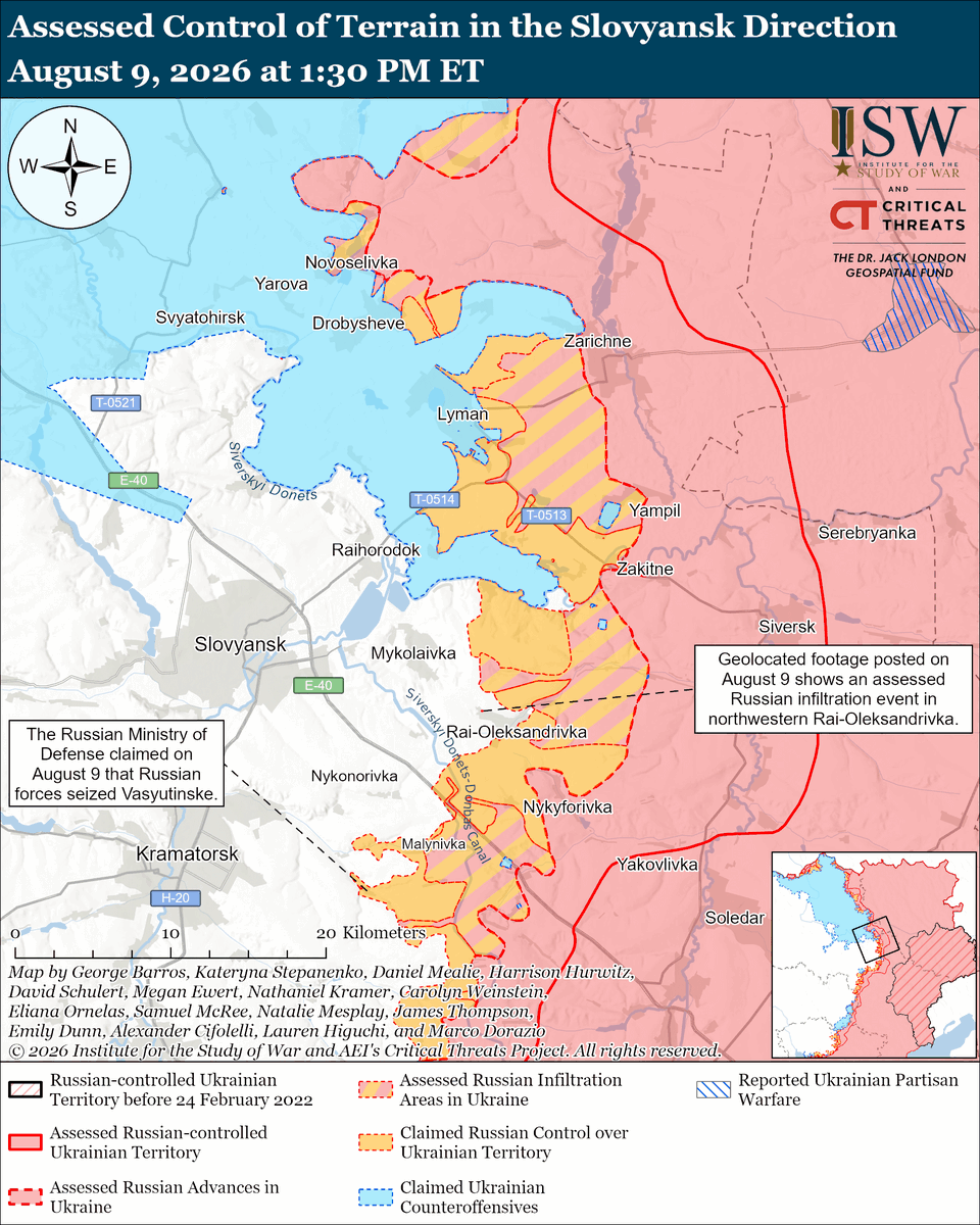 TheStudyofWar's tweet photo. NEW: Russian forces continue experimenting with new technological innovations to restore mechanized maneuver at the tactical level and break out of positional warfare. (1/2)

Other Key Takeaways: 

The Arena-M system alone is currently insufficient to protect Russian mechanized assaults from Ukrainian drones, let alone all of the other weapons that Ukrainian forces use to create the kill zone.

Russian forces will likely continue efforts to restore maneuver despite the failure of the late July 2026 Dobropillya mechanized assault.

Russian forces continued to heavily target Odesa Oblast on the night of August 8 to 9.

Russian forces struck the Mayaki bridge on the M-15 Odesa City-Reni highway connecting southern Ukraine to Moldova and Romania on August 9.

Russian forces likely targeted the Mayaki bridge to disrupt Ukrainian grain and other exports via the alternative land corridor that Ukraine has been using since Russian strikes disrupted Ukrainian maritime exports.

Russia is reportedly preparing to receive as many as 50,000 North Korean troops.

Ukrainian forces continued their long-range suppression and destruction of enemy air defenses (SEAS / DEAD) campaign against air defense assets in Russia.

Russia launched 202 drones and 17 Iskander-M/S-400 ballistic, Onyx anti-ship, and Kh-31P anti-radar missiles against Ukraine overnight.

Ukrainian forces recently advanced in the Kupyansk and Borova directions.