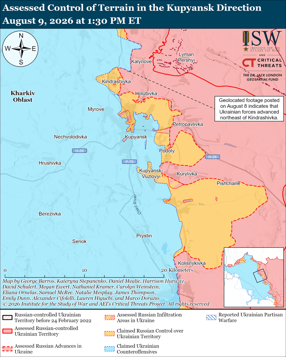TheStudyofWar's tweet photo. NEW: Russian forces continue experimenting with new technological innovations to restore mechanized maneuver at the tactical level and break out of positional warfare. (1/2)

Other Key Takeaways: 

The Arena-M system alone is currently insufficient to protect Russian mechanized assaults from Ukrainian drones, let alone all of the other weapons that Ukrainian forces use to create the kill zone.

Russian forces will likely continue efforts to restore maneuver despite the failure of the late July 2026 Dobropillya mechanized assault.

Russian forces continued to heavily target Odesa Oblast on the night of August 8 to 9.

Russian forces struck the Mayaki bridge on the M-15 Odesa City-Reni highway connecting southern Ukraine to Moldova and Romania on August 9.

Russian forces likely targeted the Mayaki bridge to disrupt Ukrainian grain and other exports via the alternative land corridor that Ukraine has been using since Russian strikes disrupted Ukrainian maritime exports.

Russia is reportedly preparing to receive as many as 50,000 North Korean troops.

Ukrainian forces continued their long-range suppression and destruction of enemy air defenses (SEAS / DEAD) campaign against air defense assets in Russia.

Russia launched 202 drones and 17 Iskander-M/S-400 ballistic, Onyx anti-ship, and Kh-31P anti-radar missiles against Ukraine overnight.

Ukrainian forces recently advanced in the Kupyansk and Borova directions.