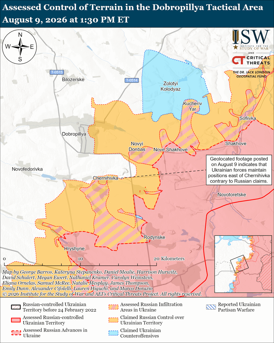 TheStudyofWar's tweet photo. NEW: Russian forces continue experimenting with new technological innovations to restore mechanized maneuver at the tactical level and break out of positional warfare. (1/2)

Other Key Takeaways: 

The Arena-M system alone is currently insufficient to protect Russian mechanized assaults from Ukrainian drones, let alone all of the other weapons that Ukrainian forces use to create the kill zone.

Russian forces will likely continue efforts to restore maneuver despite the failure of the late July 2026 Dobropillya mechanized assault.

Russian forces continued to heavily target Odesa Oblast on the night of August 8 to 9.

Russian forces struck the Mayaki bridge on the M-15 Odesa City-Reni highway connecting southern Ukraine to Moldova and Romania on August 9.

Russian forces likely targeted the Mayaki bridge to disrupt Ukrainian grain and other exports via the alternative land corridor that Ukraine has been using since Russian strikes disrupted Ukrainian maritime exports.

Russia is reportedly preparing to receive as many as 50,000 North Korean troops.

Ukrainian forces continued their long-range suppression and destruction of enemy air defenses (SEAS / DEAD) campaign against air defense assets in Russia.

Russia launched 202 drones and 17 Iskander-M/S-400 ballistic, Onyx anti-ship, and Kh-31P anti-radar missiles against Ukraine overnight.

Ukrainian forces recently advanced in the Kupyansk and Borova directions.