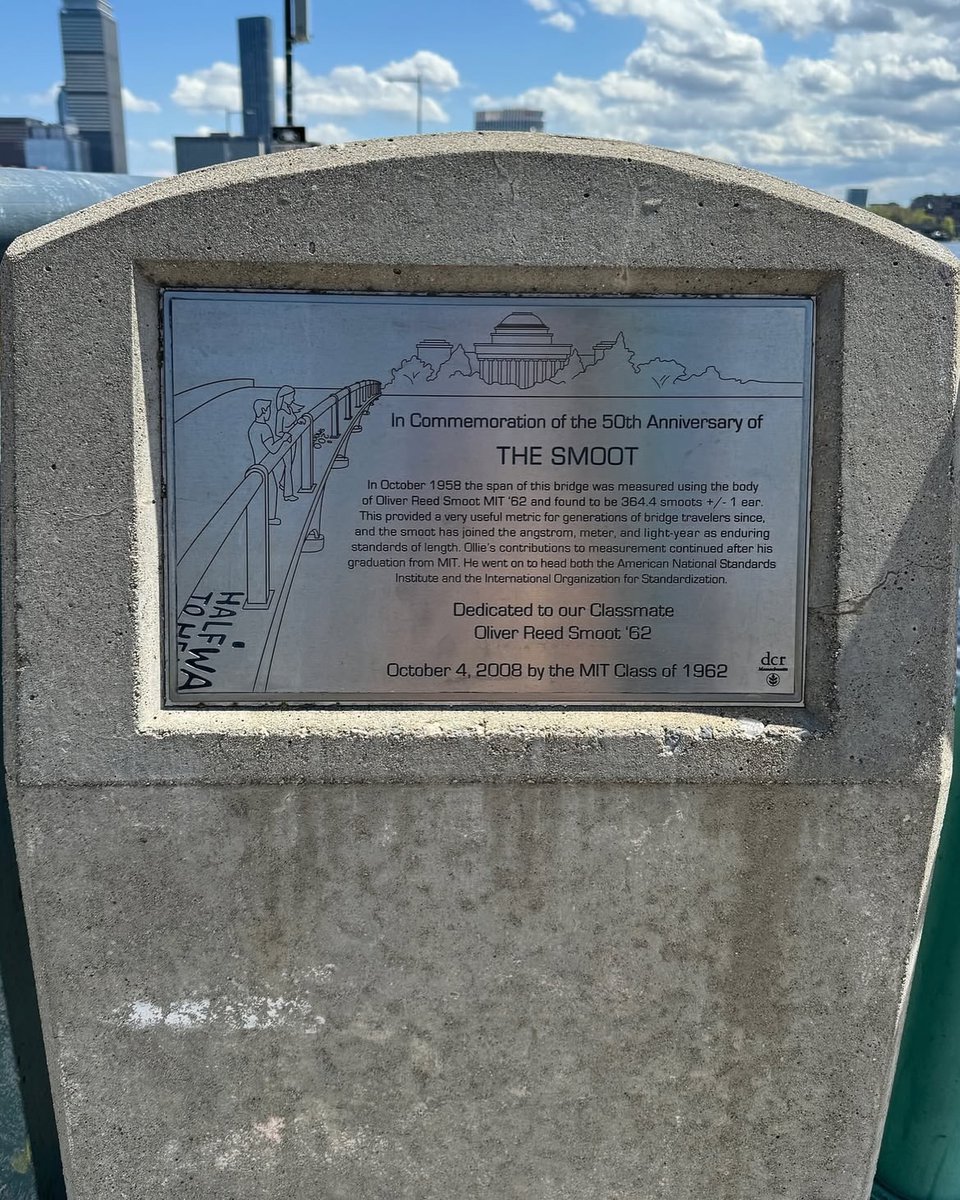 historyinmemes's tweet photo. In 1958, MIT fraternity pledges measured the Harvard Bridge by laying freshman Oliver Smoot down end to end as a human measuring stick. Their final measurement? 364.4 Smoots + 1 ear, a measurement that is still marked on the bridge today.

The markings are still repainted today and have even become useful to Boston and Cambridge police for identifying locations along the bridge. Google joined in on the joke too, adding “Smoots” as a measurement option in Google Earth and its unit converter.

Smoot himself went on to become president of the International Organization for Standardization, the organization responsible for developing measurement standards worldwide—a pretty ironic ending for the man who accidentally became a unit of measurement.