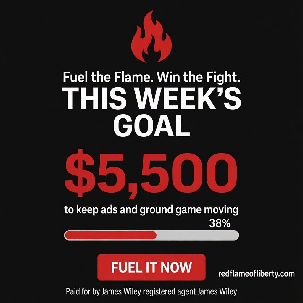 redflameliberty's tweet photo. 🔥Fuel the Flame. Win the Fight.
This week’s goal: $5,500
to keep ads and the ground game moving.
Fuel it now →https://t.co/UdMq3moIsO
#FuelTheFlame #WileyForSOS https://t.co/w81BWRsqha