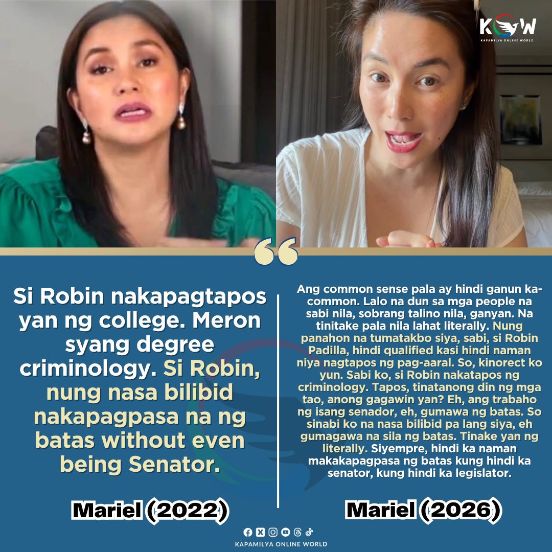 GnosticLegend's tweet photo. @marieltpadilla , wag na tayong maglokohan. Hindi "context" ang tawag diyan. Nagbago ka ng kwento kasi napahiya ka sa original claim mo.

Sabi mo nung 2022, nakapagpasa siya ng batas habang nasa Bilibid. Ngayon, ang palusot mo, na-experience lang niya yung epekto ng batas? Magkaibang-magkaiba 'yon.

Simpleng logic lang: Congress ang gumagawa ng batas, hindi ang mga nakakulong. At kahit pa sabihin nating naging inspirasyon yung kaso niya sa pag-amyenda ng batas, hindi siya ang nagpasa nun. Parang sinabi mo na ring naging surgeon yung pasyente dahil lang naoperahan siya. Hindi porket subject ka ng batas, expert ka na sa paggawa nito.
Kaya nakakatawa yung pa-quote mong "common sense is uncommon." Totoo naman, kasi common sense na hindi pareho ang "gumawa ng batas" sa "naapektuhan ng batas." Wag mong isisi sa reading comprehension namin yung palpak mong statement.

Kung may magandang "case study" man na maiiwan 'tong si Robin, ito 'yon: kailangan na talaga nating taasan ang constitutional qualifications para sa mga tatakbong Senador.

Hindi pwedeng puro sikat, apelyido, at kapal ng mukha lang ang puhunan. Hindi perya ang Senado para pag-eksperimentuhan ng mga walang alam. May mga pagkakamali na hindi na dapat binibigyan ng sequel.