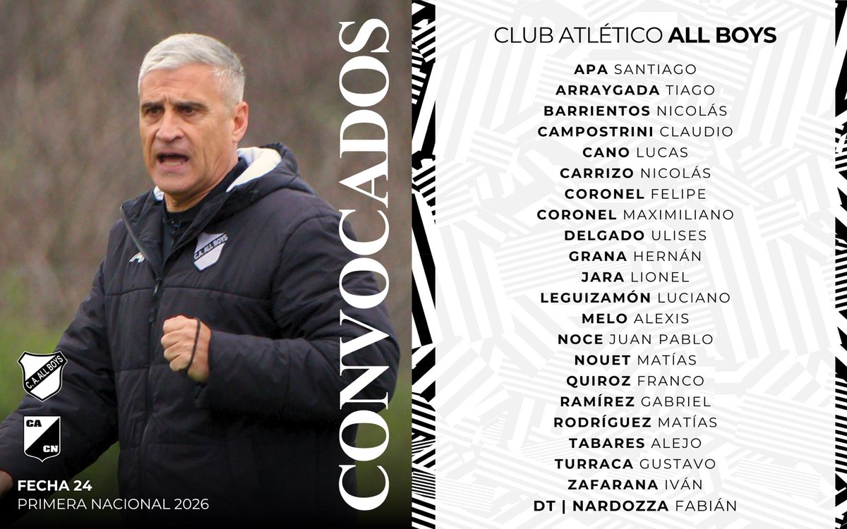 caallboys's tweet photo. #FútbolMasculino

Lista de convocados de #AllBoys para recibir a #CentralNorte, mañana desde las 15:00 hs. 📋

🤍🖤 #ElRoccaParaAllBoys 🖤🤍 https://t.co/6RfhAZ9BCT