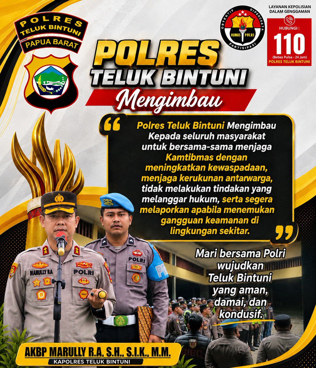 HumasPolrestel2's tweet photo. Polres Teluk Bintuni Menghimbau kepada seluruh masyarakat untuk bersama menjaga Kamtibmas di Kab Teluk Bintuni. https://t.co/8a7CtlulUP