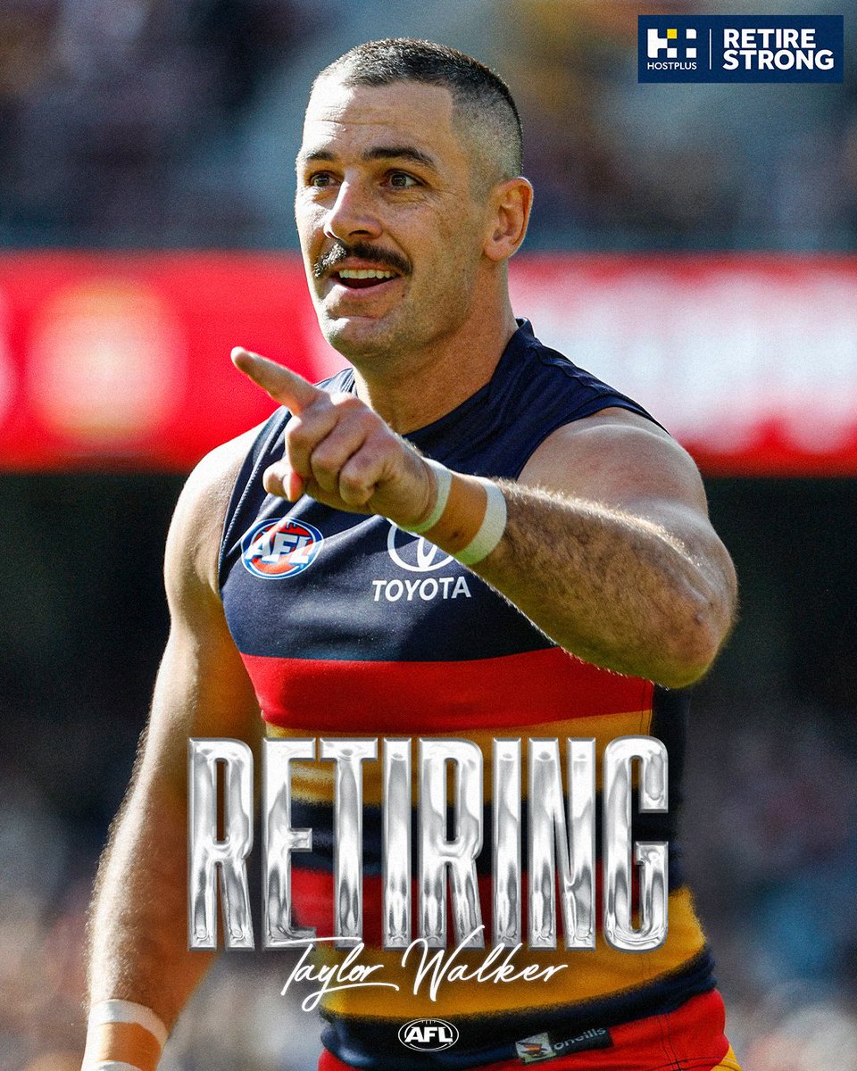 AFL's tweet photo. “As a young kid from Broken Hill, I dreamed about one day playing for the Crows and I’m so grateful to have been able to live that life."
Taylor Walker has announced he will retire at the conclusion of the 2026 season.
Honouring this year's retirees, thanks to @Hostplus. https://t.co/YrimYC4C9S