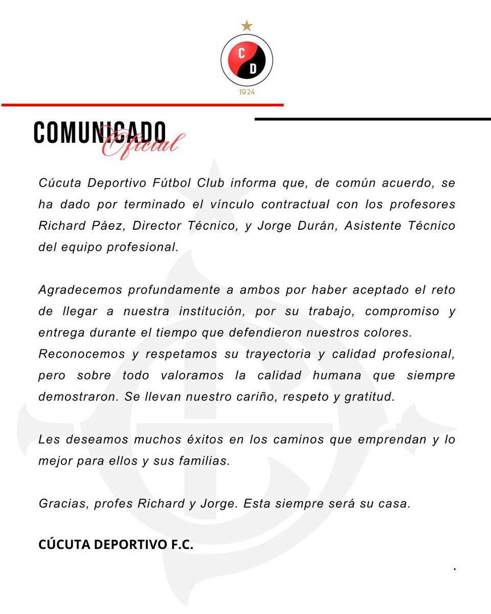 Cucutaoficial's tweet photo. Comunicado Oficial - Richard Páez https://t.co/qgDxsKONBJ