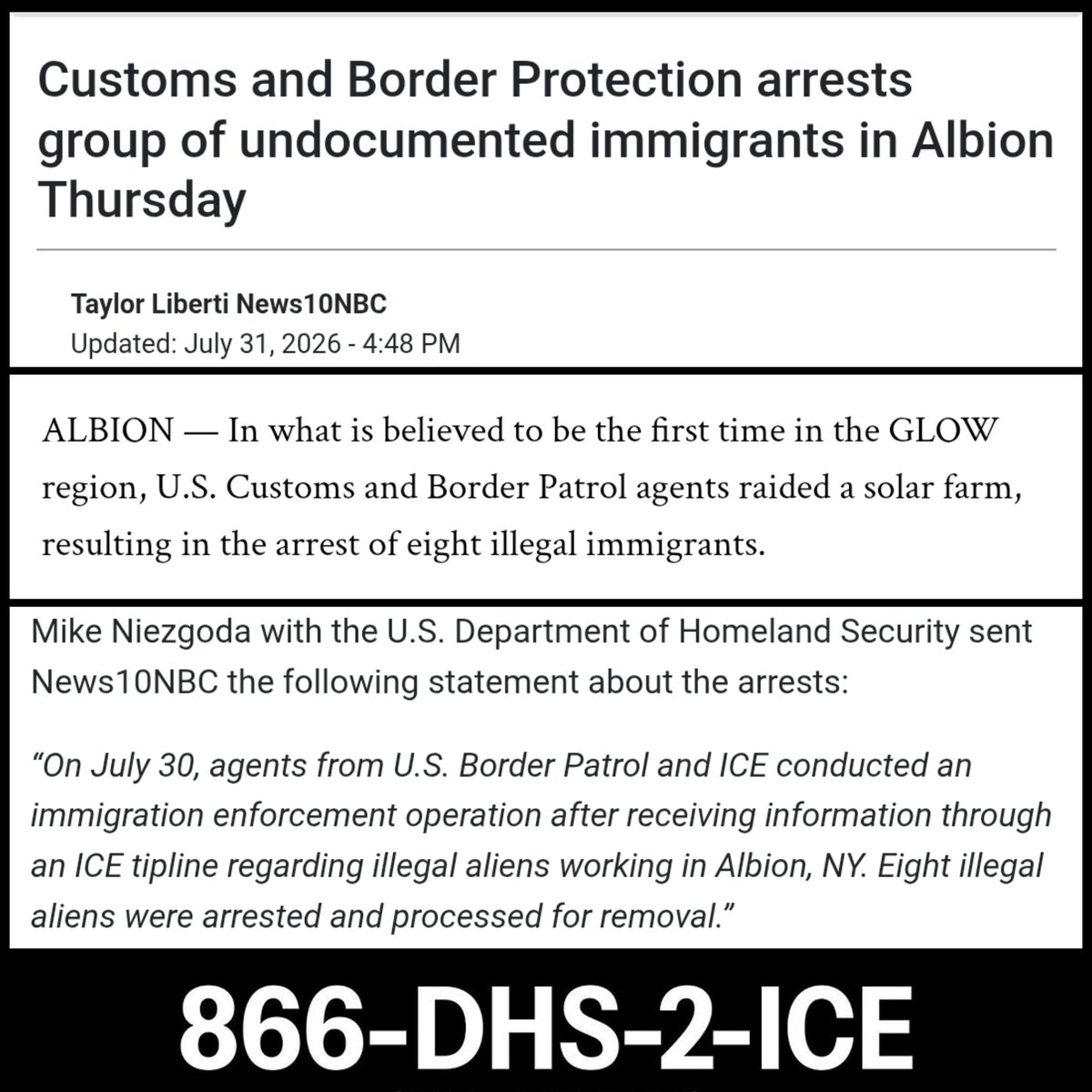 derzum_'s tweet photo. ICE and CBP recently conducted a worksite raid at a solar farm in the GLOW region of New York, reportedly for the first time.

Multiple workers were arrested and processed for removal thanks to a tip submitted to the ICE tipline. https://t.co/l3UehzCJj2