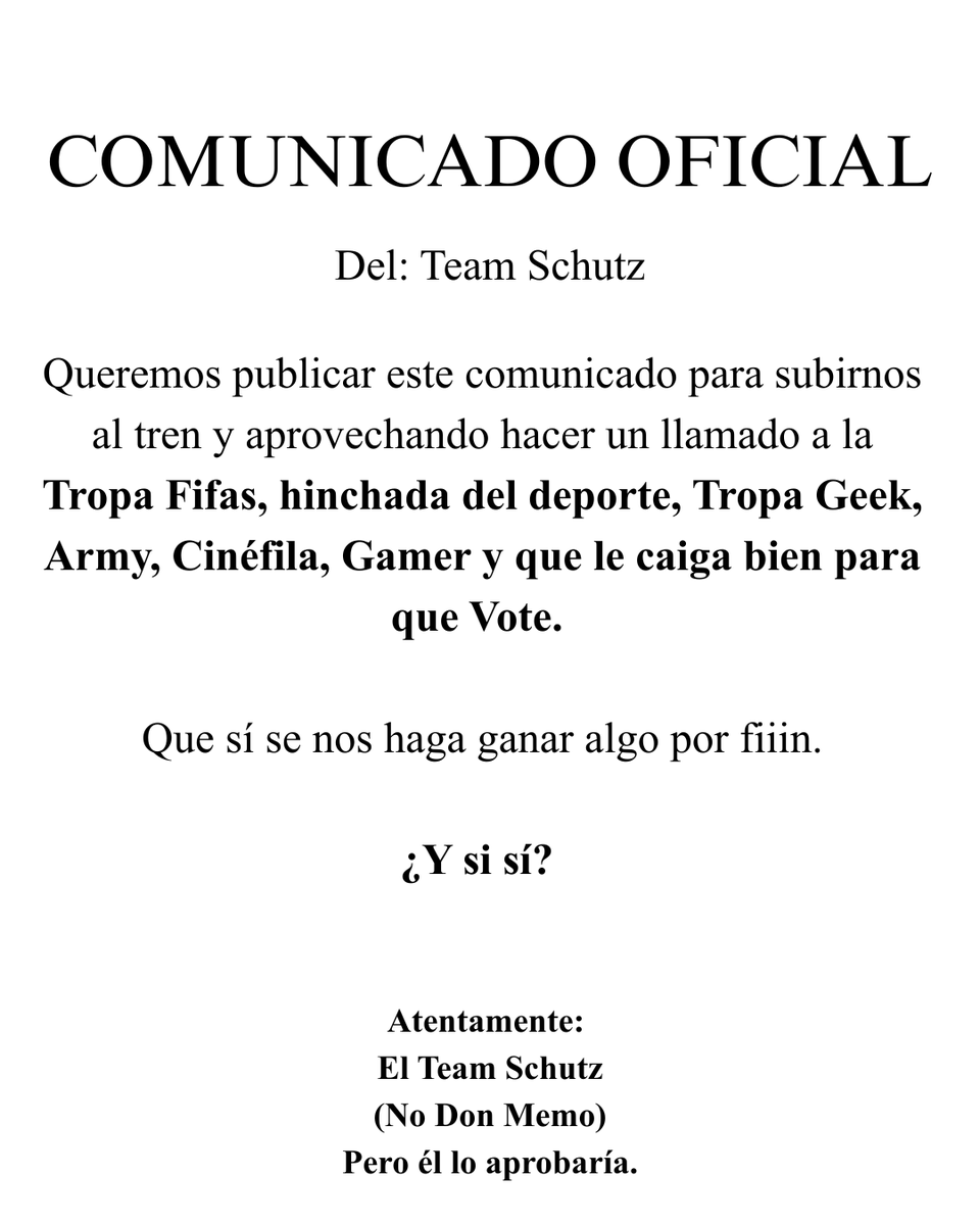 memo_schutz's tweet photo. PARA EL PÚBLICO EN GENERAL

VOTA MEMO 
MEMO SE QUEDA
MEMO NO SE VA

Gracias. 

#LaCasaDeLosFamososMéxico #TropaSchutz #MemoSchutz #Votaxmemo https://t.co/R6RqgzsQXg