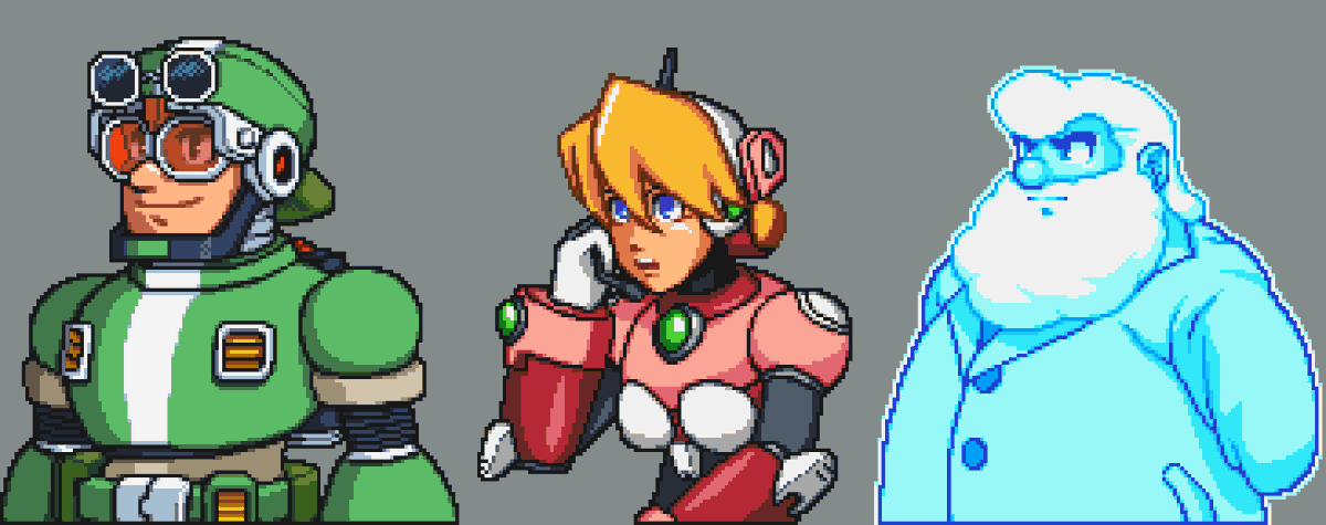 CtmShadow's tweet photo. Assists trio

Now presenting Douglas, Alia and Dr.Light's mugshots
Douglas is alive btw, he was just partying

Douglas' mugshots was made by @juansiosowork 

#MegamanX7 #Fangame #Pixelart #megamanx #sprites #ekisiete https://t.co/d9MVDnYI4k