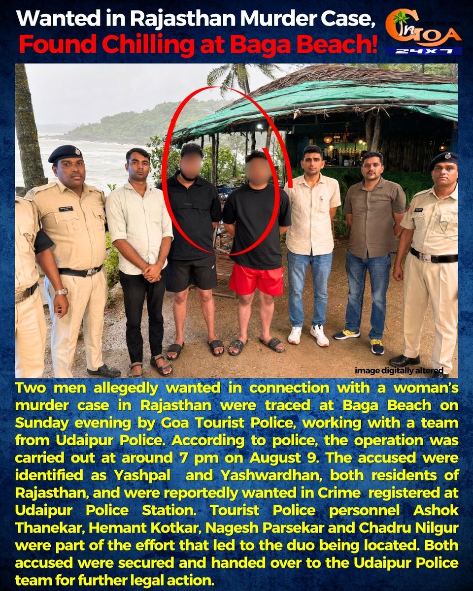 InGoa24x7's tweet photo. Two men allegedly wanted in connection with a womanโs murder case in Rajasthan were traced at Baga Beach on Sunday evening by Goa Tourist Police, working with a team from Udaipur Police.
.
.
#Goa #GoaNews #Murder #Baga #TouristPolice https://t.co/XRIdpkj2fT