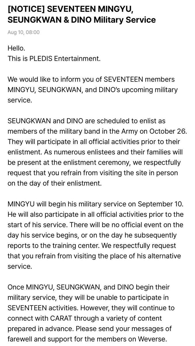 KyeomsBaekery's tweet photo. SEUNGKWAN and DINO are scheduled to enlist as members of the military band in the Army on October 26.

MINGYU will begin his military service on September 10. 

Serve well😭🤍 https://t.co/vfv3g5z0zL