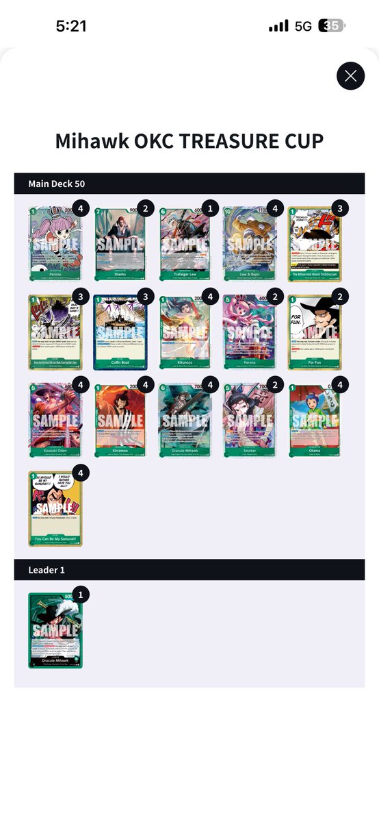 LogancmTCG's tweet photo. I WON THE OKC TREASURE CUP!

Mihawk best deck https://t.co/x3frwxGMmy