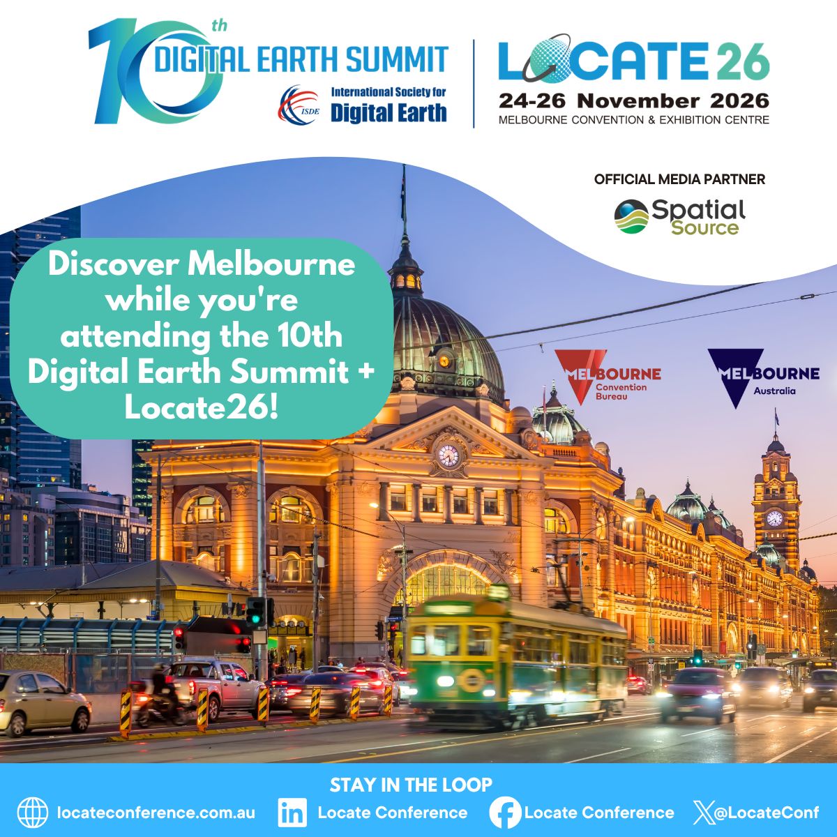 LocateConf's tweet photo. Melbourne awaits!

This November, Locate26 + the 10th Digital Earth Summit bring the geospatial community together.

Thanks to Destination Sponsors Melbourne Convention Bureau &amp; Visit Melbourne for their support.

Early Bird ends 31 Aug 2026, register: https://t.co/JqTyiuUkkI https://t.co/7Aq8crKRjU