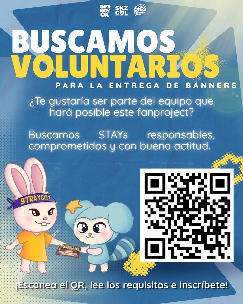 infostaycol's tweet photo. STAY Colombia ¿Quieres ayudarnos a hacer posible uno de los fanprojects mas importantes del Straycity Bogotá?

¡Inscríbete como voluntario para la entrega de banners!⭐

Buscamos personas comprometidas, responsables y con buena actitud que puedan dedicar un ratito de su día a hacer llegar a STAY Colombia su banner ❤️‍🔥

🔗Si te interesa, lee los requisitos, reglas y detalles, e inscríbete en el form: https://t.co/jGJAsL9gmn

🗓️Cierre del formulario: Sábado, 15 de Agosto a media noche.

¡Ayúdanos a hacer del Straycity Bogotá una experiencia inolvidable!

#StrayCityBogota #StrayKidsColombia