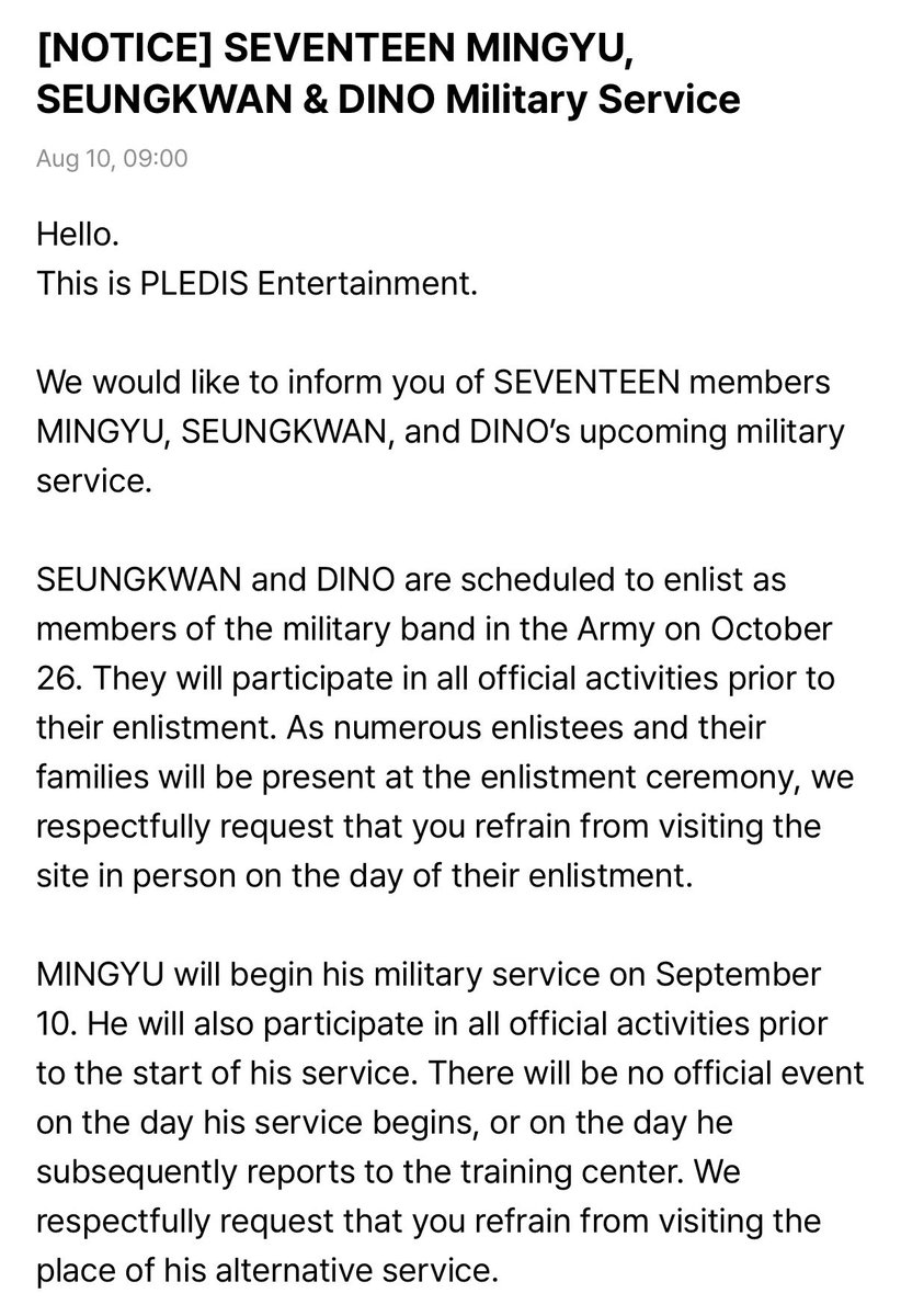 minghaocheoI_'s tweet photo. the remaining members' enlistment dates... 

vernon - august 20
dokyeom - september 8
mingyu - september 10 
seungkwan and dino - october 26 

they really dropped all the dates now.... fuck 😭😭😭😭😭😭😭😭😭😭😭😭😭😭😭😭😭😭😭😭😭😭😭😭😭 https://t.co/aCV5XnHkIM
