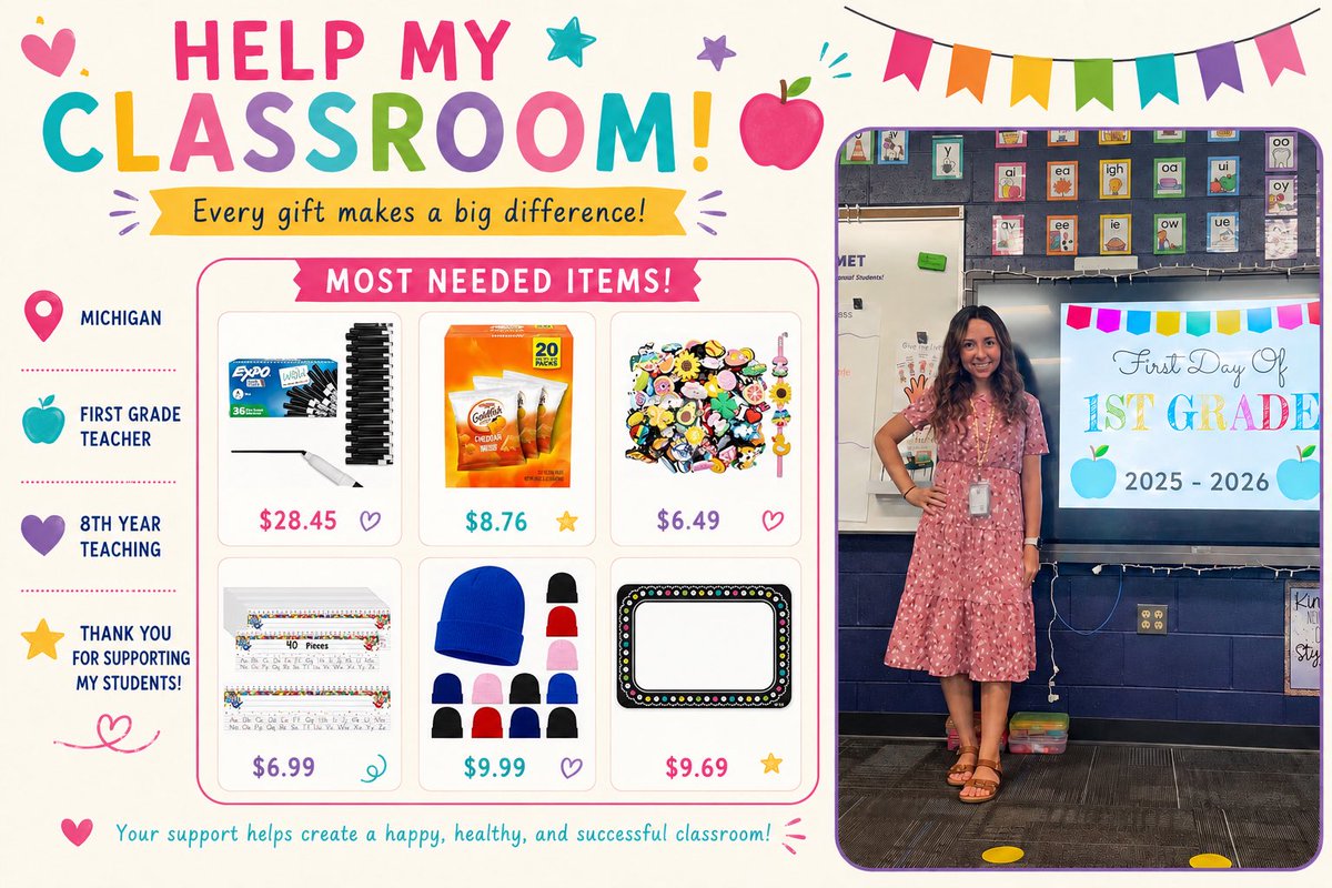 m_firstie_fun's tweet photo. @technologylaura Thank you for supporting teachers! Going into year 8 of teaching 1st grade in southeast Michigan! Any donation will help my amazing students and I!💗 
https://t.co/kGW7RAncAA https://t.co/arvrC0Hann