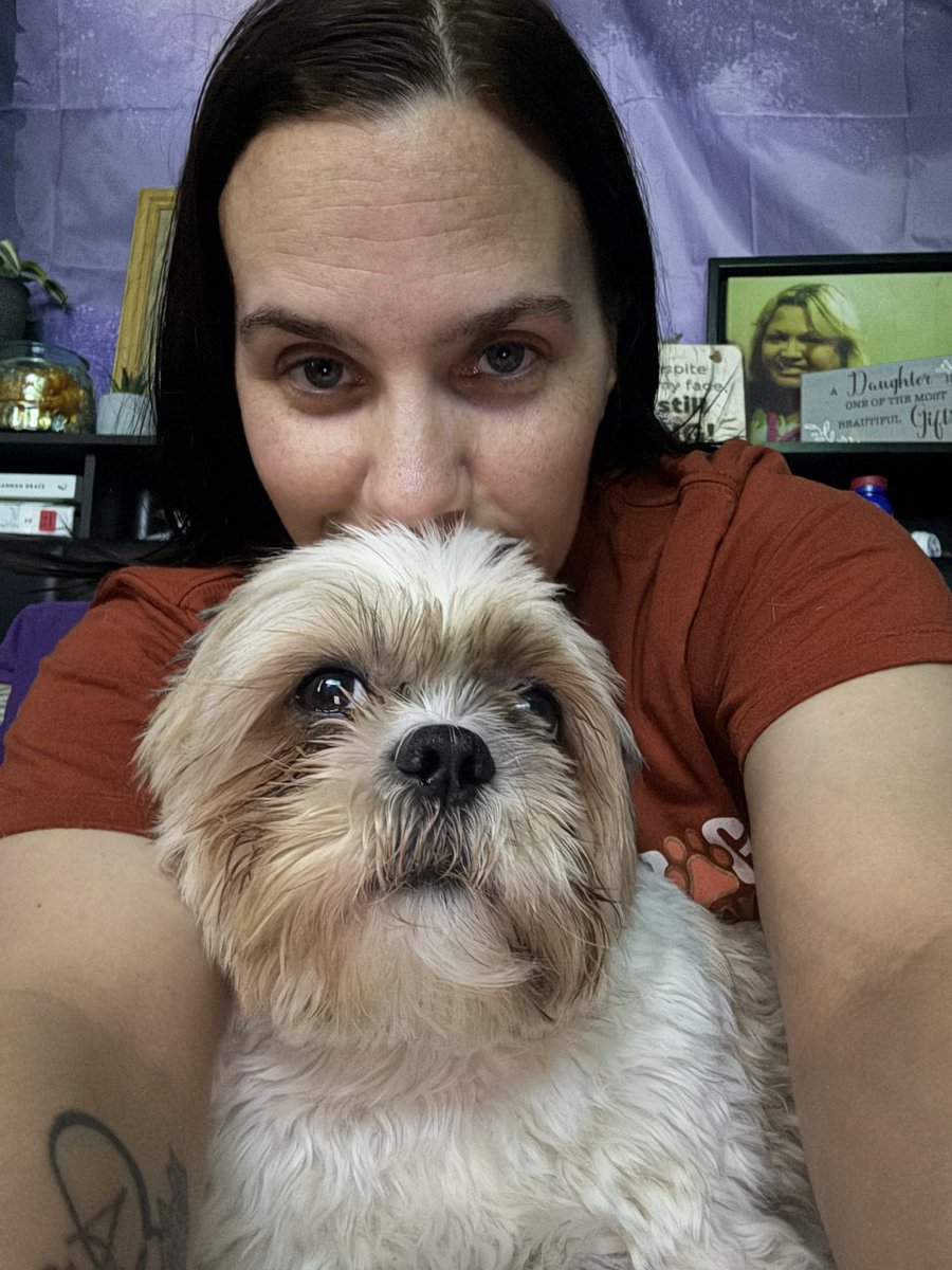 MommaShell2013's tweet photo. Cuddles with chewie and I made a spot on my bed for their beds. https://t.co/NqixMWkIa7
