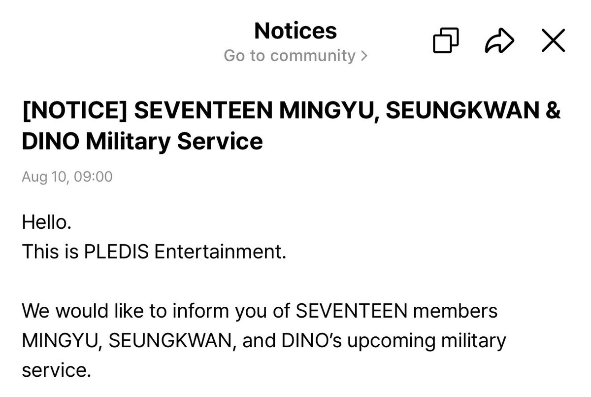 kkumacoups_x's tweet photo. [NOTICE] SEVENTEEN MINGYU, SEUNGKWAN &amp; DINO Military Service

mingyu - september 10
seungkwan and dino - october 26

ano ‘to pledis?? almusal????😭😭 https://t.co/HQKseJ683U