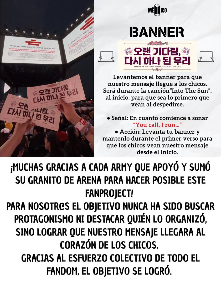 btsmexico_'s tweet photo. Queremos tomar un momento para agradecer y hacer un enorme reconocimiento a TODOS los fanprojects que se llevaron a cabo durante los tres días de conciertos. Cada detalle fue una muestra hermosa del amor puro que le tenemos a #BTS en México 💜🇲🇽

En el último episodio de BANGTAN TV, Namjoon nos regaló la prueba más linda: nos compartió que el eslogan lo conmovió hasta las lágrimas. Además, en el último día de concierto los chicos mencionaron que vieron cada uno de los eventos que ARMY de México preparó con tanto cariño 💜✨ lo hicieron increíble.

“Después de una larga espera, volvimos a ser uno.” 🌸

¡Misión cumplida, ARMY! Gracias a cada persona que apoyó, sumó su granito de arena y levantó su banner con orgullo.

#BTSMexico #ARMY #BTSFanproject #Namjoon