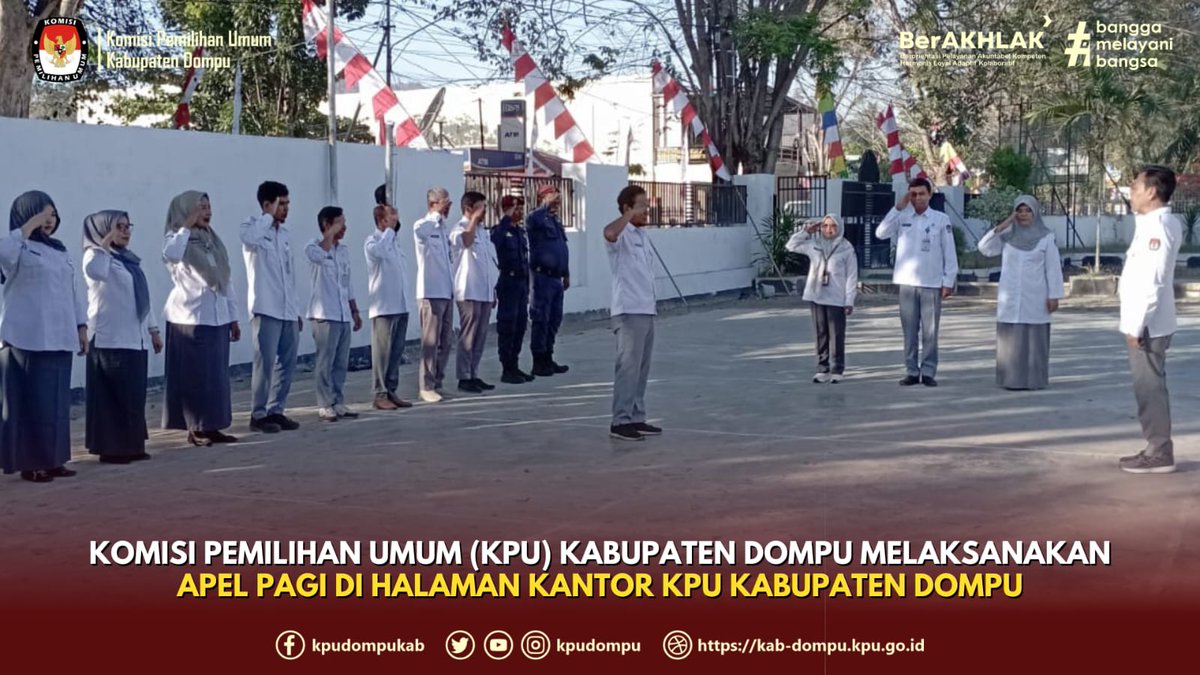 KPUDOMPU's tweet photo. #TemanPemilih. Senin, (10/8/2026), KPU Kabupaten Dompu melaksanakan apel pagi dipimpin oleh Kasubbag Parmas dan SDM KPU Kabupaten Dompu, Abu Hasan Taqwa, serta diikuti para Kasubbag, pejabat fungsional, dan seluruh staf sekretariat. https://t.co/TILHyHIU2B