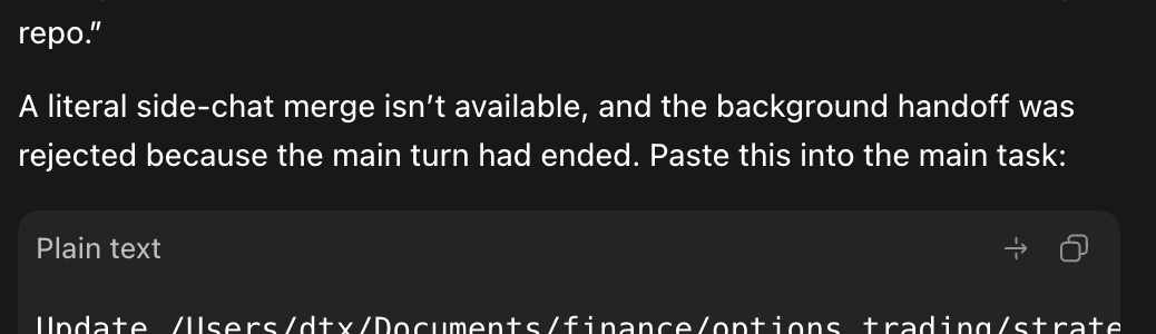neosphere_inc's tweet photo. @ChatGPT  @thsottiaux @sama 

1) Why can't I use computer use to control the ChatGPT app itself? At the least, this should be a config that defaults to False. For eg. I can't ask computer use via remote control to open an in-app Browser in the ChatGPT MacOS app and that's very limiting (I don't let the app use Chrome, only in-app Browser).

2) I seldom need to move my side chat learnings back to main chat. The only way to do this is to create a Manual copy/paste report.

Can you please unblock the above capabilities?

Thank you for your attention to this matter.