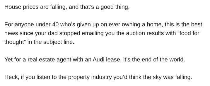 TMFScottP's tweet photo. Scott Pape, @tweetbarefoot, nails it perfectly here.

Two key lines:

"... June quarter, prices ... slipped by just 2.5%. Over the past year... up 3.9%"

"Something to check, brag about, and borrow against. We forgot what they’re actually for. A house is for living in." https://t.co/oOCBWghr2C