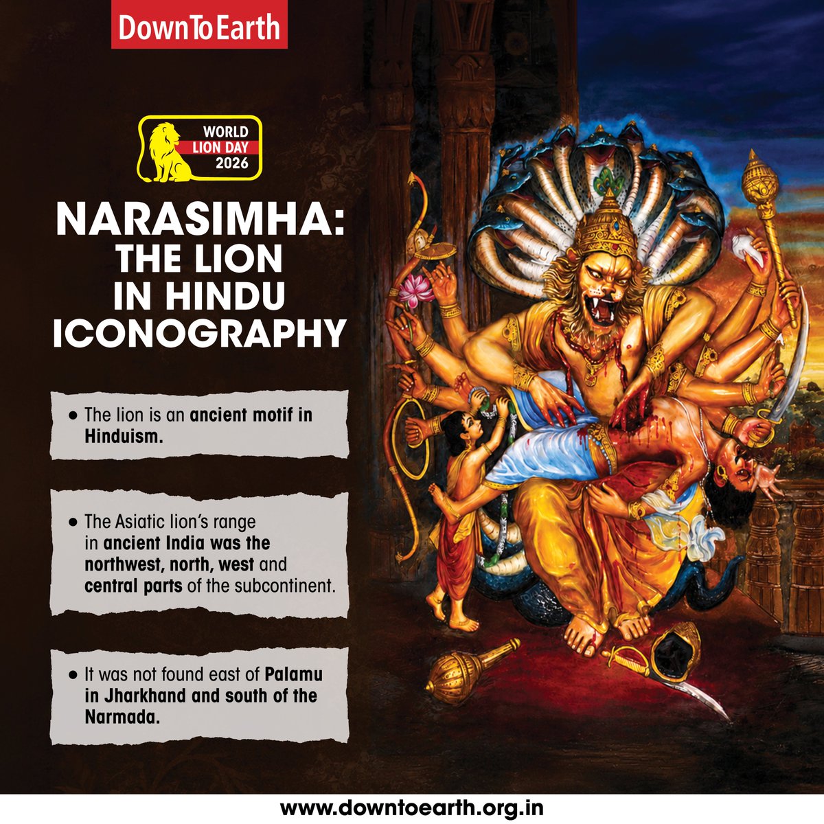 down2earthindia's tweet photo. It is #WorldLionDay today. The second-largest felid in the world has long featured in the art and iconography of the Indian Subcontinent. From ‘Narasimha’ in Hinduism to the epithet ‘Shakyasimha’ for the Buddha to the title ‘Singh’ borne by millions of Hindus and Sikhs today, the lion symbolises the very soul of India.