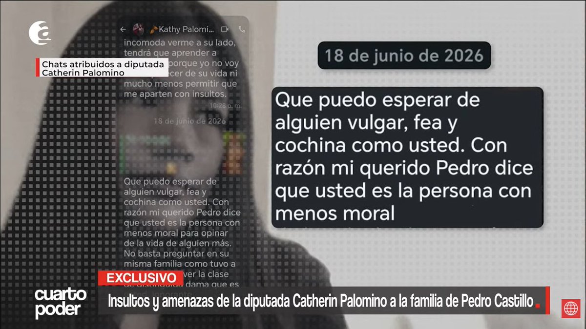 SofiaLopezLl's tweet photo. De acuerdo con un informe de Cuarto Poder, la diputada Catherine Palomino de Juntos por el Perú es señalada de insultar y amenazar a a familia del expresidente Pedro Castillo. https://t.co/w8RmrhIrDM