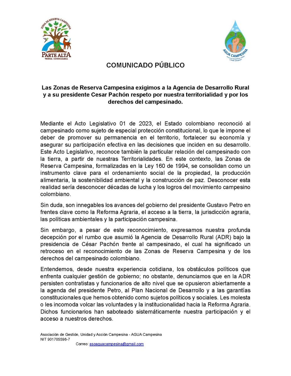ZRCVeneciaPA's tweet photo. Nuestra Asociación #AGUACampesina, se manifiesta en rechazo a la burla y el incumplimiento de @CesarPachonAgro con los PIDAR de al menos 5 ZRC, que teníamos los recursos garantizados.
3, son proyectos estratégicos para impulsar la economía de base campesina en la región Sumapaz. https://t.co/k7bvarWSQC