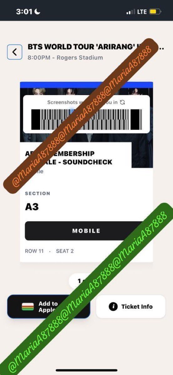 MariaA87888's tweet photo. wts - BTS In TORONTO ,CANADA “ARIRANG”soundcheck vip tickets Aug-22 

ROGERS STADIUM TORONTO tickets 
- Sec: A3 Row: 11 Seat: 2-5
~ Wts below FV 
 
- can provide proof of Tickets!

HMU if interested!
🏷️ wts wtb BTS ARMY GA FLOOR TICKET Toronto Canada Suga Jungkook Jimin https://t.co/iJZbXOav4y