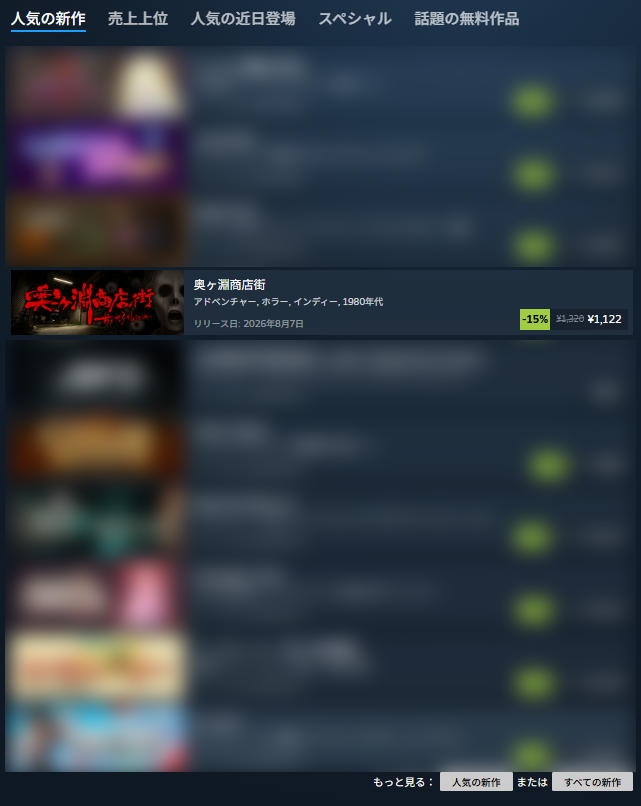DorsalfinStudio's tweet photo. 🎉🎉【ありがとうございます！！】🎉🎉

皆様のおかげで――

🔥『奥ヶ淵商店街』がSteam「人気の新作」に入りました！！🔥

本当にありがとうございます！！😭✨

リリース直後からたくさんの方にプレイしていただき、制作チーム一同とても嬉しく思っています！！

🎁 現在、ローンチ記念で発売から7日間15%OFF！ 🎁
👇ストアページはこちら👇 https://t.co/2iHG3mHOhl

まだプレイされていない方も、この機会にぜひ『奥ヶ淵商店街』を遊んでみてください！

そして、プレイしていただけましたらレビューも書いていただけると大きな励みになります！！🙇‍♂️
皆様の声が、次のゲーム制作への力になります！！

#ゲーム制作 #ゲーム開発 #indiedev #奥ヶ淵商店街 #ホラーゲーム