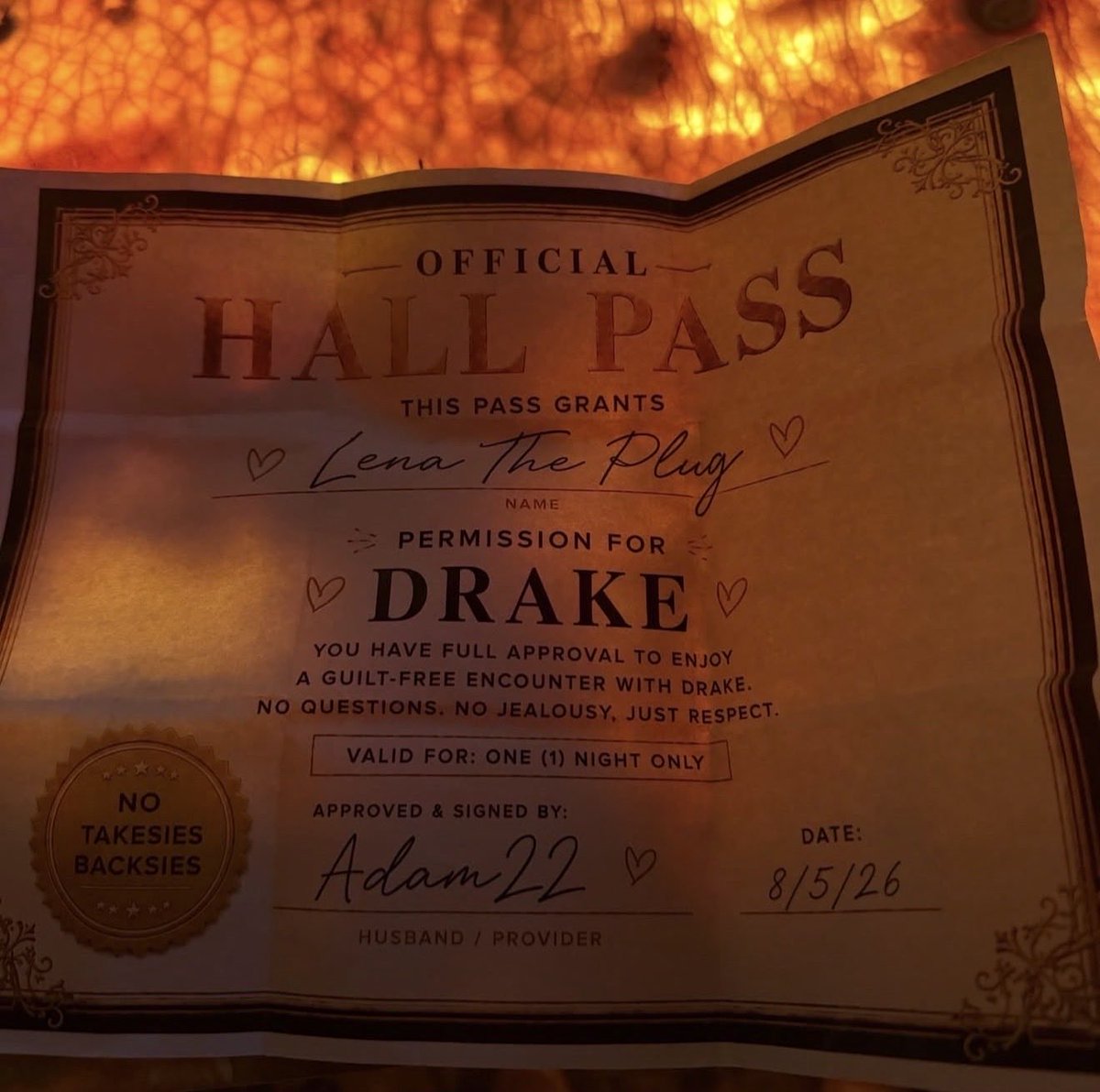 AkademiksTV's tweet photo. Drake shows the Hall Pass that Adam22’s wife, Lena, gave him and reveals that Adam signed it himself 😭 https://t.co/05k6YcZVk1