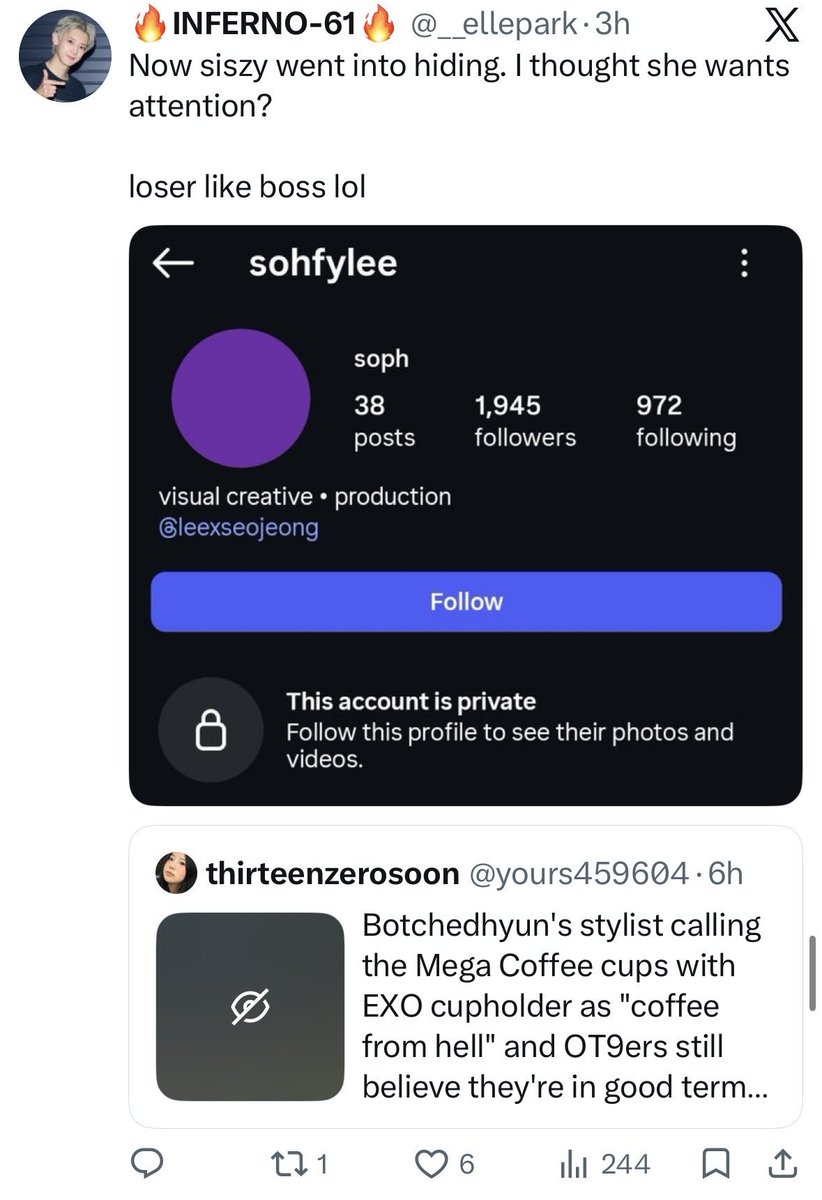 im_jcws_wife's tweet photo. Forcing a staff member to go private because your illiterate asses can't translate a line about bitter coffee? Pathetic mfs. OT9s and CBXLs can handle your toxicity, but leave regular workers alone. @weareoneEXO control your shitty fandom pls, their jobless asses are out of hand. #kai #Suho #chanyeol #kyungsoo #sehun @Groovechaja