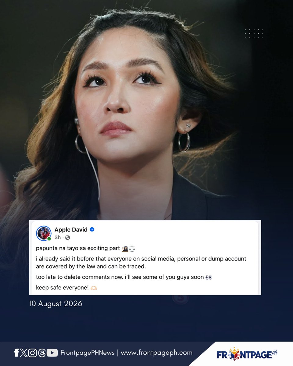 FrontpagePHNews's tweet photo. "PAPUNTA NA TAYO SA EXCITING PART."
Sports reporter Apple David has warned social media users that they could face legal action over comments posted online, stressing that even those using anonymous or “dump” accounts can be traced.
Courtesy: Apple David (FB) https://t.co/y45xlD8yMO