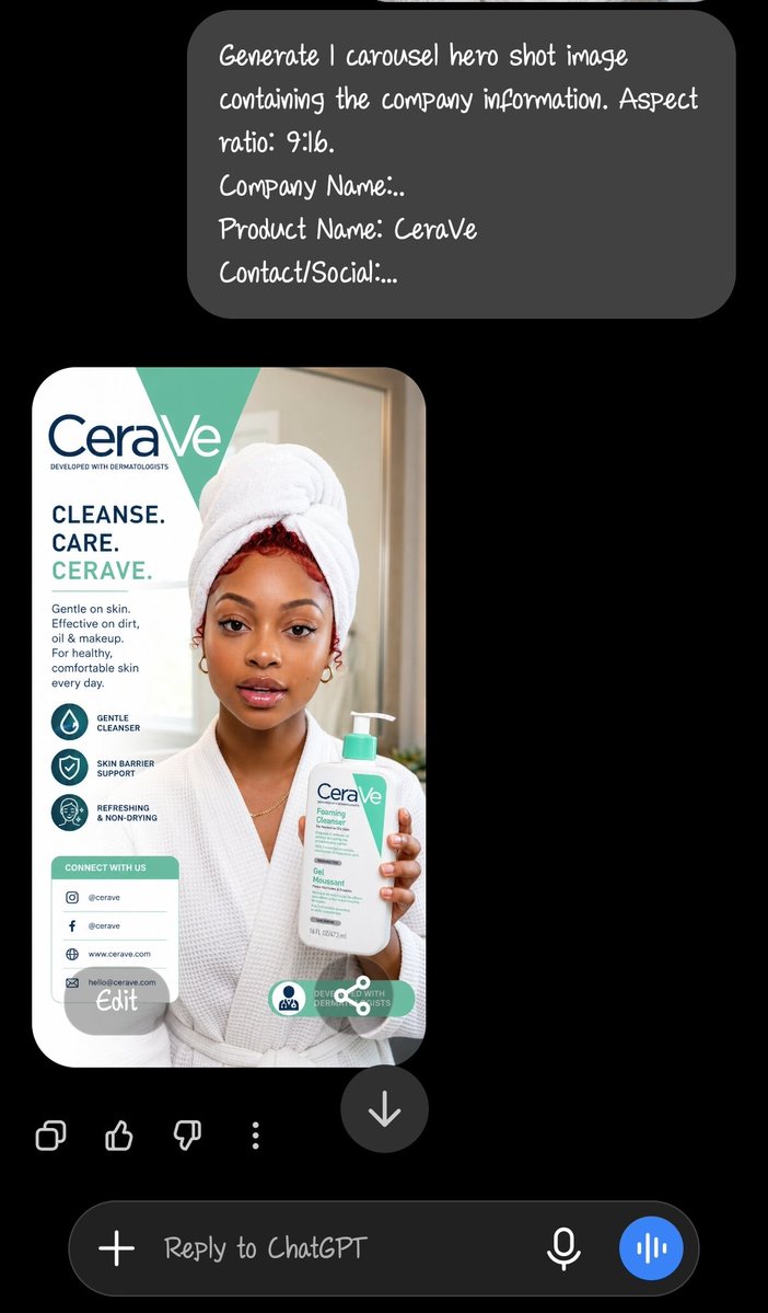 OlatundeAI's tweet photo. STEP 5: Upload the best result in STEP 2 into ChatGPT, attach the below prompt and run it using the same Chatbox in STEP 3:

"Generate 1 carousel hero shot image containing the company information. Aspect ratio: 9:16.
Company Name:..
Product Name:..
Contact/Social:.. etc" https://t.co/U0Px5zOt6L
