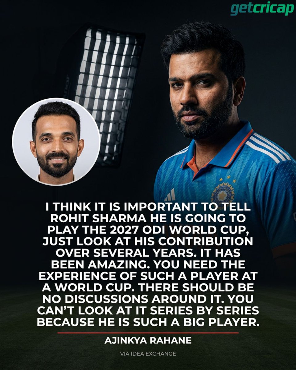 getCricap's tweet photo. Ajinkya Rahane backs Hitman to feature in the 2027 ODI World Cup! 🇮🇳🗣️

Will we see Rohit Sharma don the World Cup jersey once again? 👀🔥

#India #ODIs #RohitSharma #Cricket https://t.co/uNqKiEGH1h