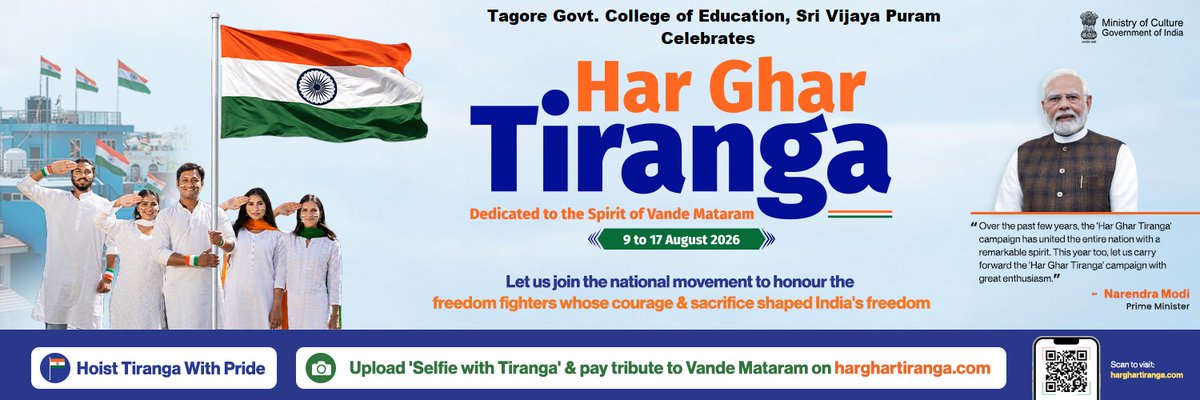 TGCE_PORTBLAIR's tweet photo. 🇮🇳 Har Ghar Tiranga 🇮🇳
Tagore Government College of Education (TGCE), Sri Vijaya Puram, proudly joins the #HarGharTiranga campaign, celebrating patriotism, unity and pride in our Tiranga.

Let the Tricolour fly high in every home! 🇮🇳

#HarGharTiranga #SelfieWithTiranga  #TGCE https://t.co/c7Kvc0eOJh