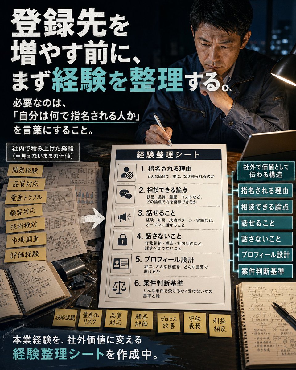 Mack_0915's tweet photo. 理系会社員向けに、

「本業経験を社外価値に変えるための経験整理シート」

を作ろうと思っています。

単なる副業ノウハウではなく、最初に整理すべきものです。

入れる予定は、

・自分は何で指名される人か
・相談できる論点
・話せること／話さないこと
・会社名を出さないプロフィール設計
・LinkedInの見せ方
・案件を受ける前のチェック項目
・断るべき案件の判断基準

です。

正直、ここを整理せずに登録先だけ増やしても、あまり意味がないと思っています。

無料投稿では考え方を出します。

ただ、具体例・テンプレ・実際の書き換え例まで出すと長くなるので、そこは別で体系化します。

必要そうなら、まずは小さくまとめます。

#理系副業
#専門性の活かし方