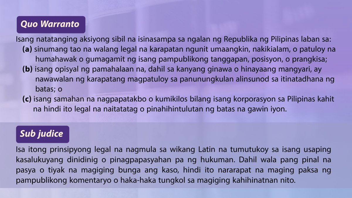 SCPh_PIO's tweet photo. 𝐌𝐠𝐚 𝐬𝐚𝐥𝐢𝐭𝐚𝐧𝐠 𝐋𝐚𝐭𝐢𝐧, 𝐭𝐚𝐥𝐚𝐤𝐚𝐲𝐢𝐧 𝐧𝐚𝐭𝐢𝐧!

Madalas nating mabasa o marinig ang mga salitang Latin sa mga balita, korte, at iba’t ibang usaping legal. Pero ano nga ba ang ibig sabihin ng mga ito sa wika at sa paraang hindi ka malilito?

Ngayong 𝗕𝘂𝘄𝗮𝗻 𝗻𝗴 𝗪𝗶𝗸𝗮𝗻𝗴 𝗣𝗮𝗺𝗯𝗮𝗻𝘀𝗮, pag-usapan natin ang ilang 𝘀𝗮𝗹𝗶𝘁𝗮𝗻𝗴 𝗟𝗮𝘁𝗶𝗻 at ang kahulugan ng mga ito sa wikang Filipino.

Sa 𝗜𝗸𝗮𝗹𝗮𝘄𝗮𝗻𝗴 𝗕𝗮𝗵𝗮𝗴𝗶 𝗻𝗴 𝗘𝘀𝗽𝗲𝘀𝘆𝗮𝗹 𝗻𝗮 𝗘𝗱𝗶𝘀𝘆𝗼𝗻 ng “𝘓𝘦𝘨𝘢𝘭𝘭𝘺 𝘚𝘱𝘦𝘢𝘬𝘪𝘯𝘨,” gawin nating mas simple ang mga terminong madalas na ginagamit sa korte.

#SupremeCourtPH #SCphExplainers #SCphLegallySpeaking