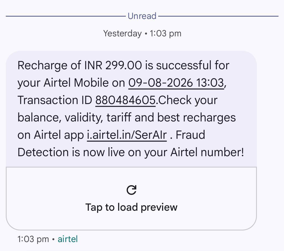 Neend_Ki_Rani's tweet photo. Hello @airtelindia Why are we being harassed...💔

When we recharged yesterday at 1 PM then why did we get a message at 4 PM to recharge for ₹299? 

Should I recharge again after recharge, which is bothering you, has the value of that recharge got exhausted in the same day, that is why you are getting SMS again from the company. 

If you trouble me so much, I will get my SIM ported to some other company.