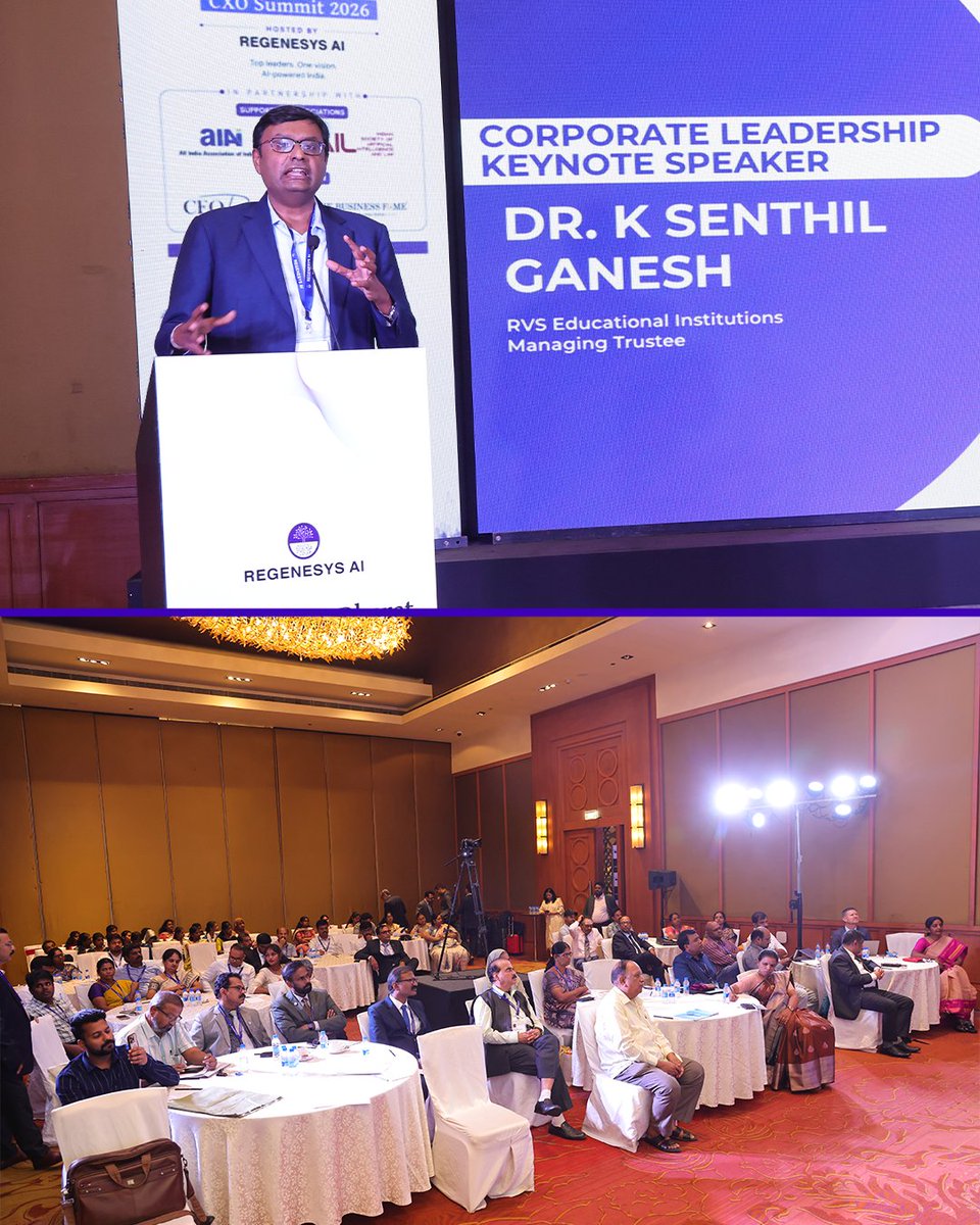 regenesys_ai's tweet photo. AI and education took centre stage at the AI for Viksit Bharat CXO Summit 2026 in Coimbatore.

Dr. K Senthil Ganesh, Managing Trustee, RVS Educational Institutions, delivered a keynote on AI’s impact on education, industry and India’s future.

#RegenesysAI #AIForViksitBharat https://t.co/byhyCfuBhn