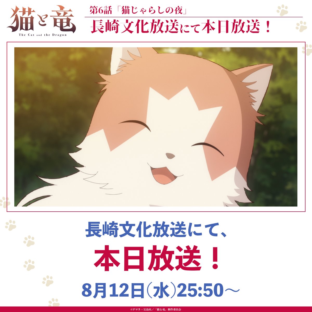 NekoRyuu_PR's tweet photo. ◤長崎文化放送にて本日放送◢

第6話「猫じゃらしの夜」
長崎文化放送にて
本日25:50〜放送開始！🐈

TVアニメ『#猫と竜』
第6話残りの放送は…
📺AT-X：8/13(木)22:30〜
📺長崎文化放送：8/12(水)25:50〜

💻地上波1週間先行・最速配信中
dアニメストア、ABEMA https://t.co/ZjfAd4Elrh