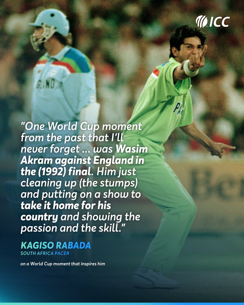 ICC's tweet photo. Kagiso Rabada reminisces about an iconic World Cup spell from Wasim Akram as his favourite World Cup memory ✨

More from the pacer ➡️ https://t.co/QK6VKKxW6n https://t.co/lNNVa0LU6S