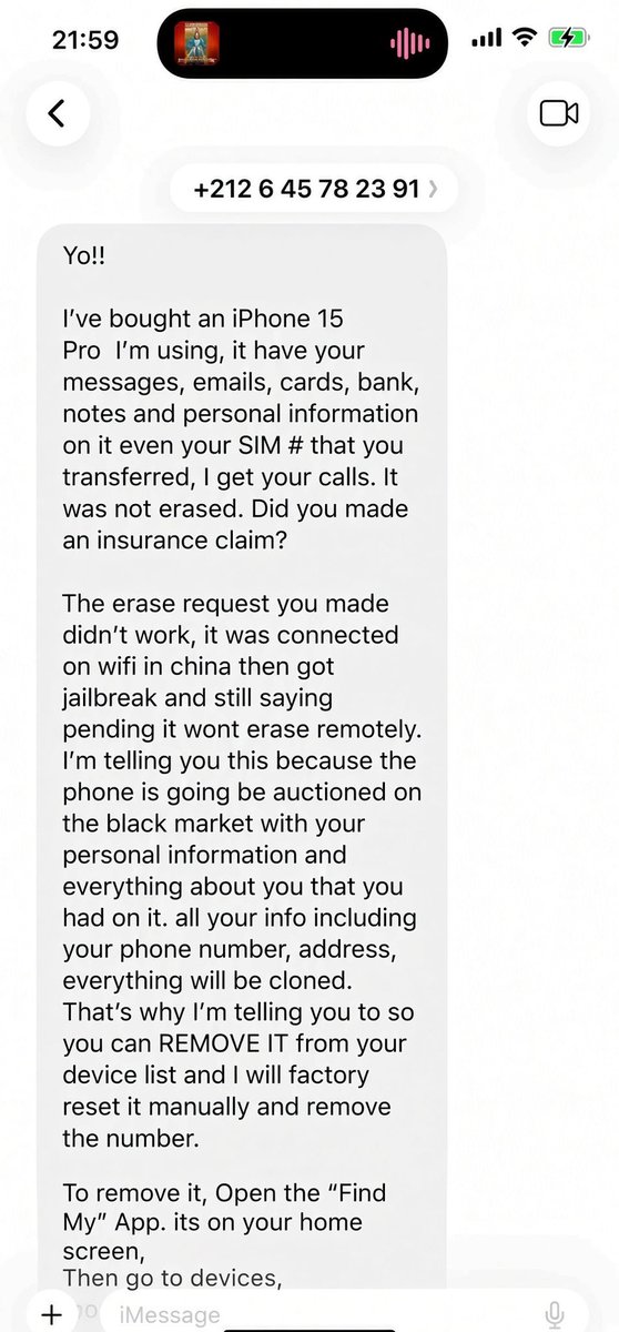 _brinxinx's tweet photo. Over a year ago I had my iPhone stolen on the train and it quickly ended up in China. It’s usually offline but once every month or so, they’ll turn it on to see if I’ve removed the activation lock yet so i got this text last night. 

What should i do? https://t.co/YKqrBfztGI
