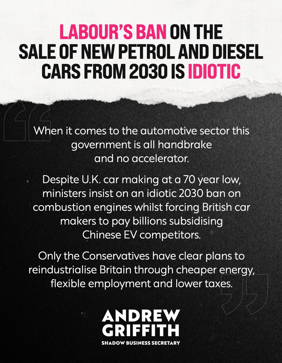 griffitha's tweet photo. 🚨 Labour have confirmed they will ban the sale of new petrol and diesel cars from 2030.

Idiotic.

British carmaking is at a 70-year low.

We need cheaper energy, flexible employment and lower taxes to reindustrialise Britain and bring industry home. https://t.co/jQeoVxOAwA