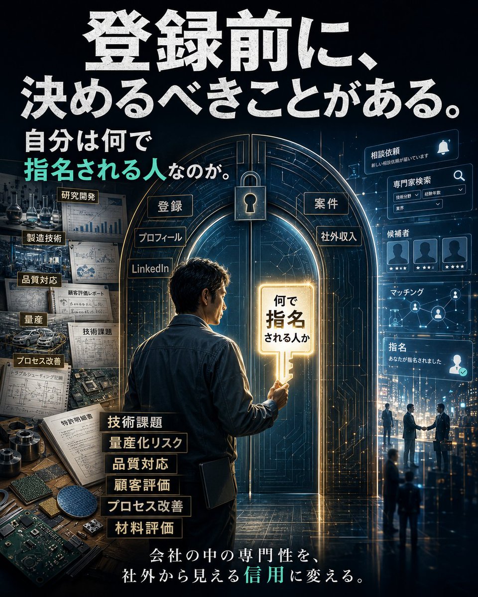 Mack_0915's tweet photo. この2週間で伝えたいことは、かなりシンプルです。

スポットコンサルを始めるなら、登録前にやることがあります。

登録先を探す。
プロフィールを埋める。
LinkedInを作る。
担当者とつながる。

これらは大事です。

でも、その前に決めるべきことがある。

自分は何で指名される人なのか。

ここが曖昧なままだと、全部弱くなります。

会社の中では、

研究開発。
製造技術。
品質対応。
技術営業。
材料開発。
プロセス改善。

で通じるかもしれない。

でも外から見ると、それだけでは何を相談できる人か分かりにくい。

だから、

技術課題を整理できる。
量産化リスクを話せる。
品質トラブルの観点を説明で���る。
顧客評価の勘所を伝えられる。
市場や競争環境を一般論で整理できる。

という形に変える必要がある。

会社の中の専門性を、会社の外から見える信用に変える。

副業でゼロから初心者になる前に、まずここからやるべきだと思う。

��後は、経験整理シートやプロフィール設計ももう少し具体化していきます。

#技術職のキャリア
#専門性の活かし方