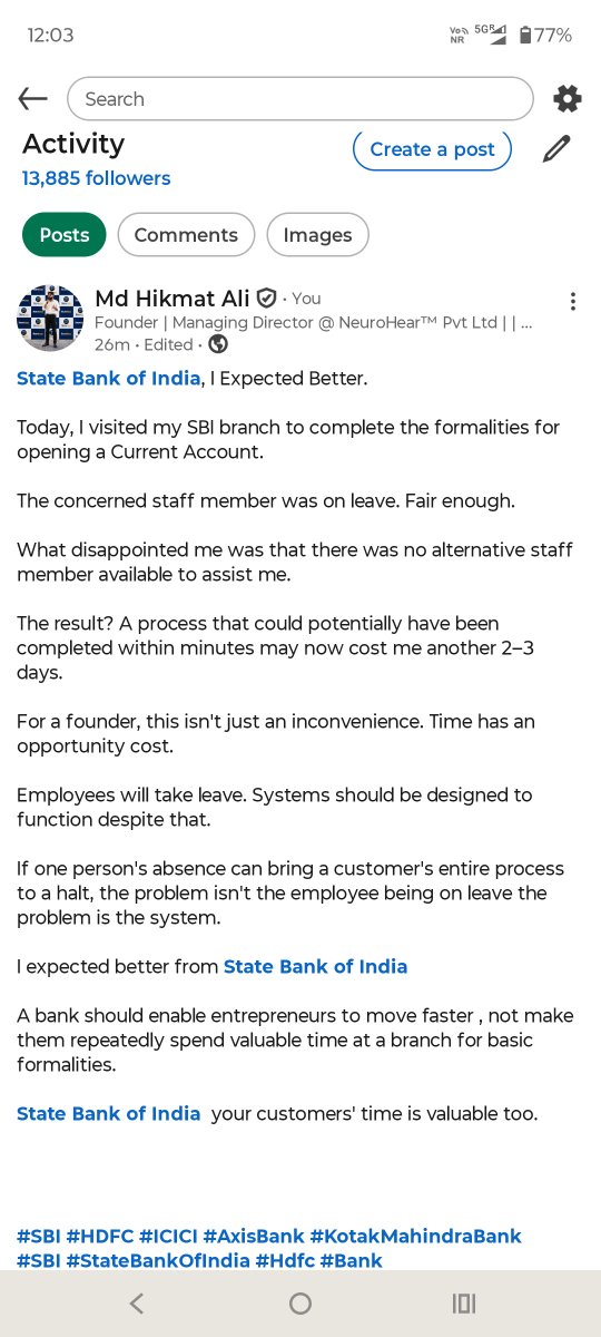 hikmatali25's tweet photo. @TheOfficialSBI ,I Expected Better.
Visited for Current Account formalities. Staff was on leave, with no alternative support.
A few-minute process may now cost me 2–3 days.
Customers’ time matters.
#bank @SBICard_Connect @SBILife @TheOfficialSBI
#SBI #Banking #CustomerExperience https://t.co/Trn5jwSwa8