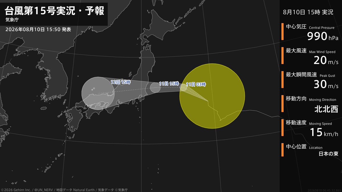 UN_NERV's tweet photo. 【台風第15号実況・予報 2026年08月10日 15:45】
台風第15号（チャンホン）は、日本の東を1時間に15キロの速さで北北西に進んでいます。 https://t.co/Yo0IOAkep2